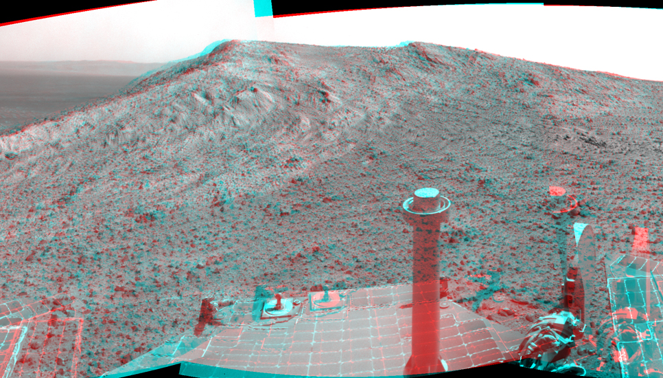 NASA's Mars Exploration Rover Opportunity recorded this stereo view of the summit of "Cape Tribulation," on the western rim of Endeavour Crater, on the day before the rover drove to the top.