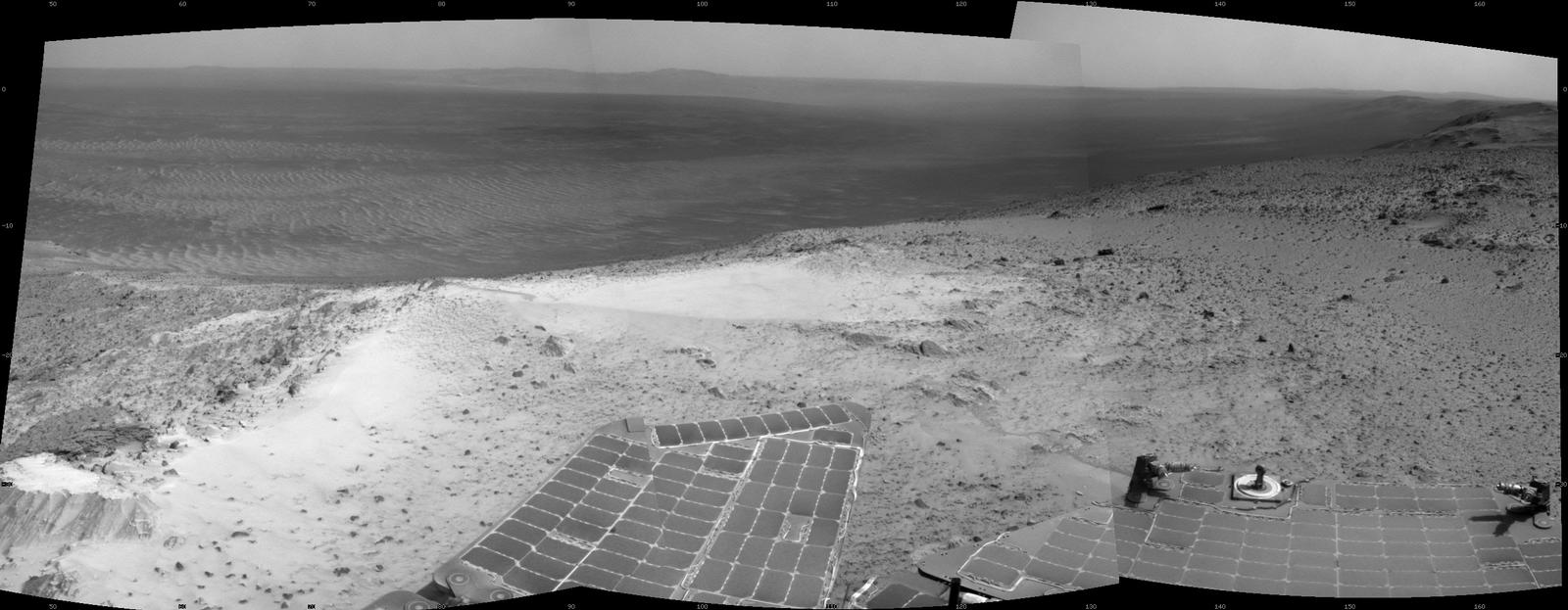NASA's Mars Exploration Rover Opportunity recorded this view just after reaching the summit of "Cape Tribulation," on the western rim of Endeavour Crater, on Jan. 6, 2015, the 3,894th Martian day, or sol, of the rover's work on Mars.