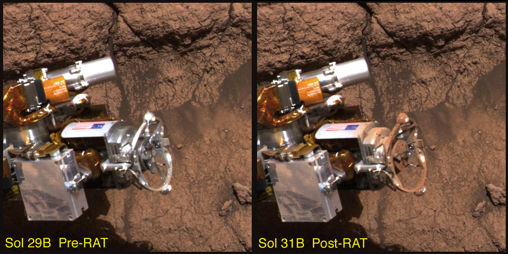 This image taken by the Mars Exploration Rover Opportunity's panoramic camera shows the rover's rock abrasion tool before and after it ground into a rock at the region dubbed "El Capitan."