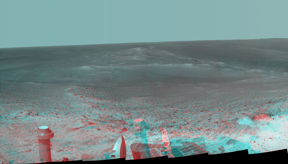 This stereo panorama shows the view NASA's Mars Exploration Rover Opportunity gained from the top of the "Cape Tribulation" segment of the rim of Endeavour Crater.