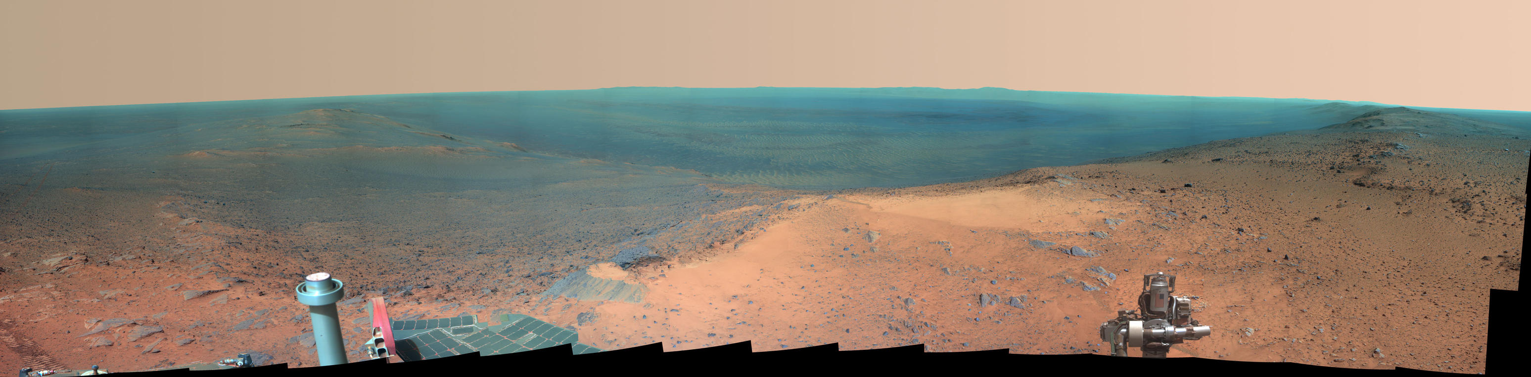 NASA's Mars Exploration Rover Opportunity obtained this view from the top of the "Cape Tribulation" segment of the rim of Endeavour Crater. The rover reached this point three weeks before the 11th anniversary of its January 2004 landing on Mars.