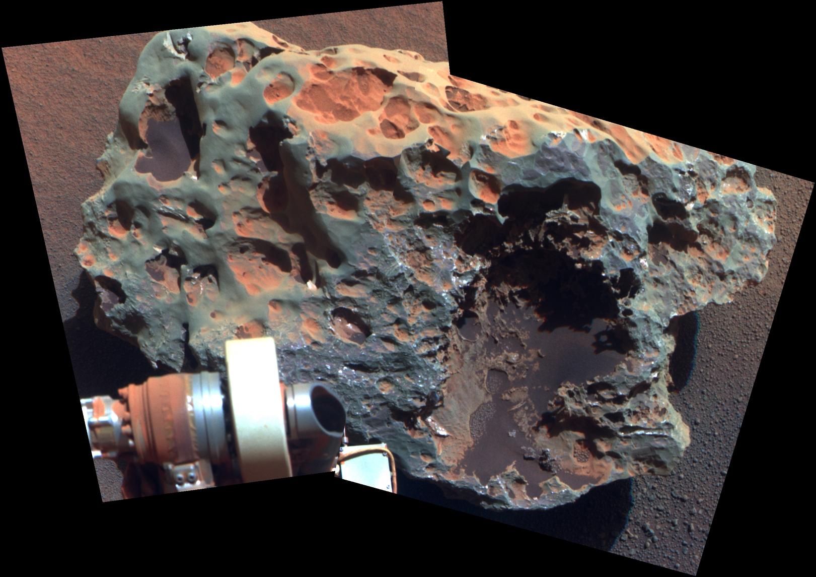 This view of a rock called "Block Island," the largest meteorite yet found on Mars, comes from the panoramic camera (Pancam) on NASA's Mars Exploration Rover Opportunity.