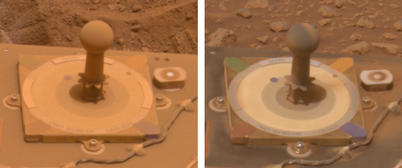 These two images from 10 days apart show that dust was removed from the panoramic camera's calibration target on NASA's Mars Exploration Rover Spirit.