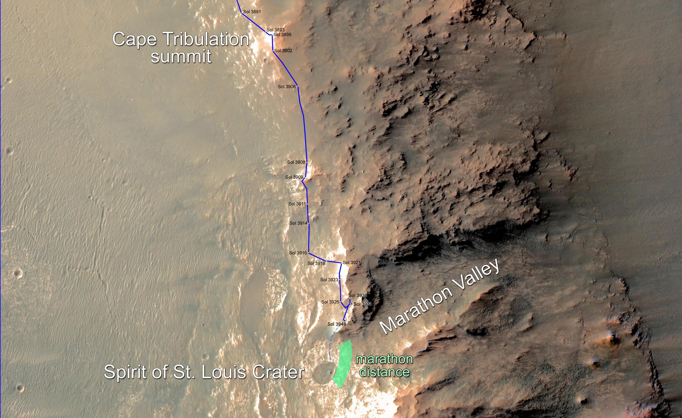 This map updates progress that NASA's Mars Exploration Rover Opportunity is making toward reaching a driving distance equivalent to a marathon footrace. It indicates the rover position on March 5, 2015, relative to where it could surpass that distance.