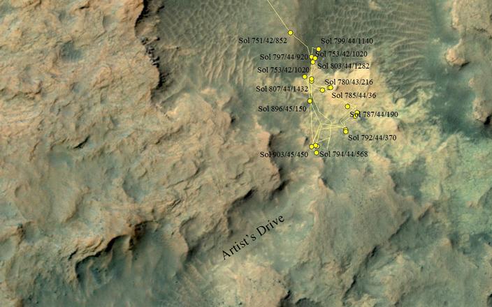 This area at the base of Mount Sharp on Mars includes a pale outcrop, called "Pahrump Hills," that NASA's Curiosity Mars rover investigated from September 2014 to March 2015, and the "Artist's Drive" route toward higher layers of the mountain.