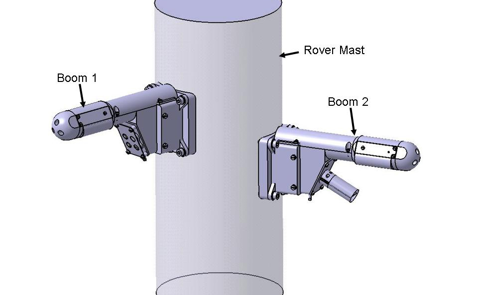 This engineering drawing show a section of the ccylindrical rover mast with two small booms extending laterally from it.  The ooms are labeled Boom 1 (on the left and Boom 2 (on the right).