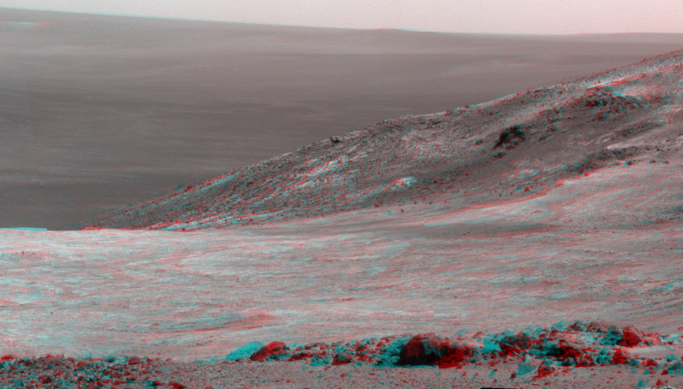 This stereo scene from NASA's Mars Exploration Rover Opportunity shows part of "Marathon Valley," a destination on the western rim of Endeavour Crater, as seen from an overlook north of the valley.