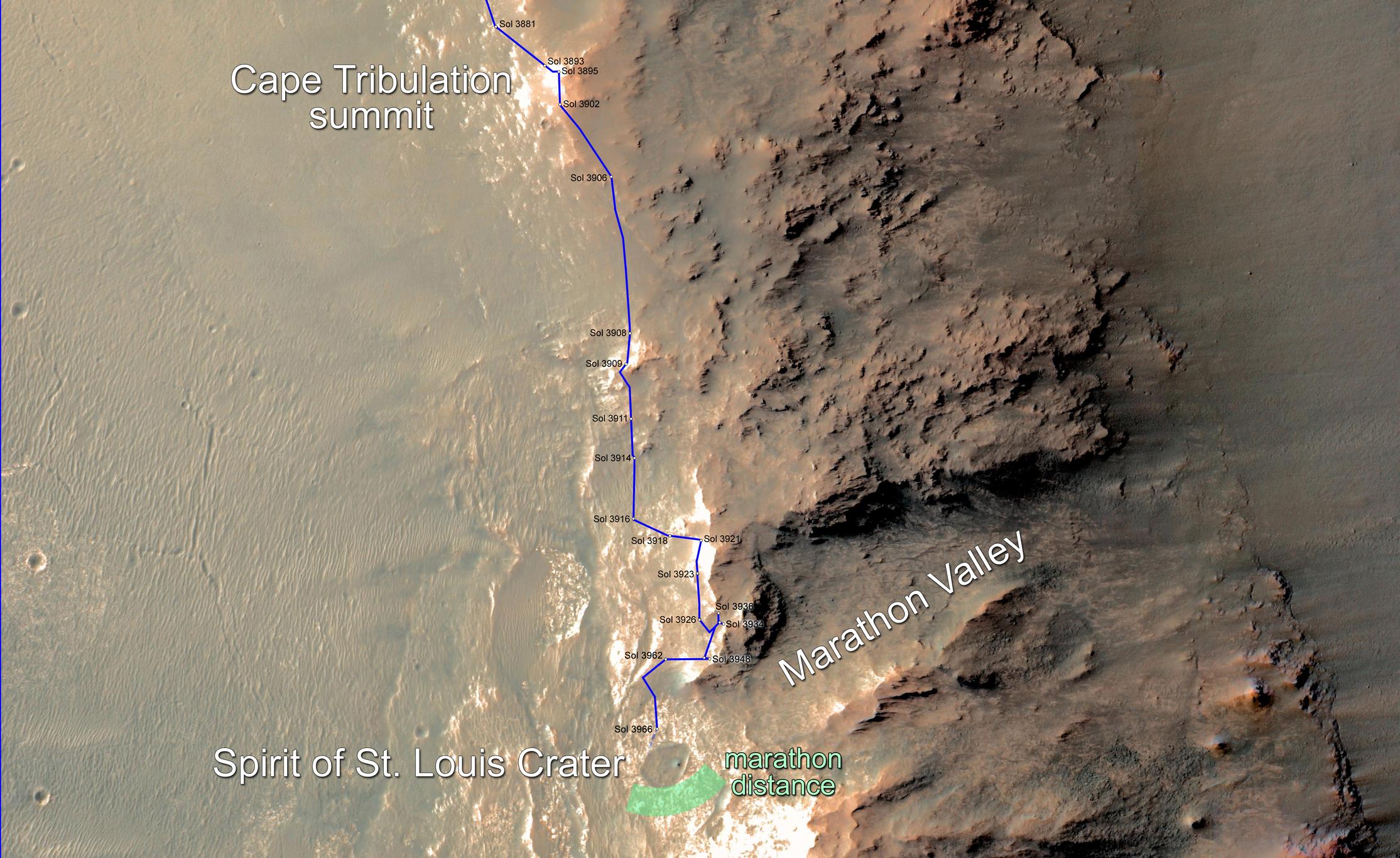 This map updates progress that NASA's Mars Exploration Rover Opportunity is making toward reaching a driving distance equivalent to a marathon footrace. It indicates the rover's position on March 23, 2015, relative to where it could surpass that distance.