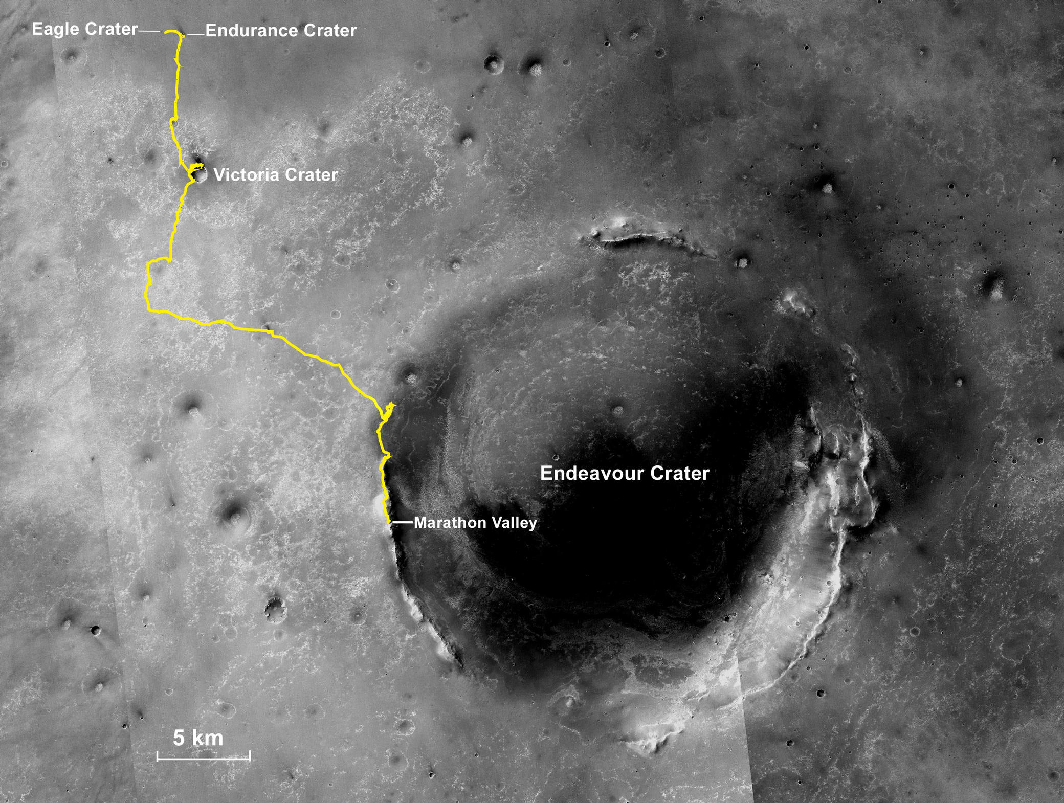 An orbital view of Endurance crater is annotated with the rover's path along its rim.