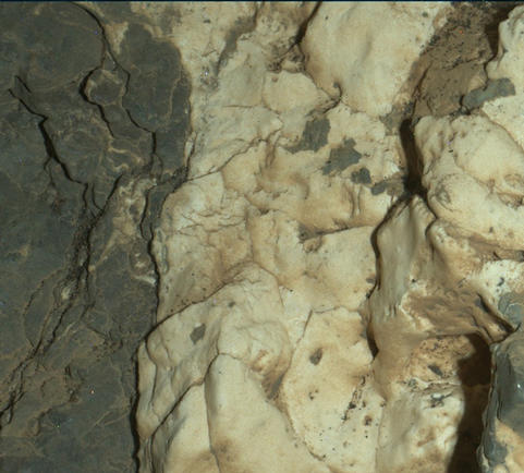 This view from the Mars Hand Lens Imager on the arm of NASA's Curiosity Mars rover is a close-up of a two-tone mineral vein at a site called "Garden City" on lower Mount Sharp. It was taken during night, illuminated by LEDs, on March 25, 2015.