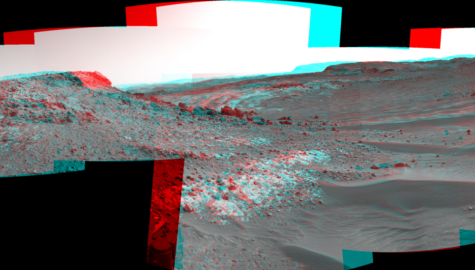 This stereo view from the Navigation Camera (Navcam) on NASA's Curiosity Mars rover shows the terrain ahead of the rover as it makes its way westward through a valley called "Artist's Drive."