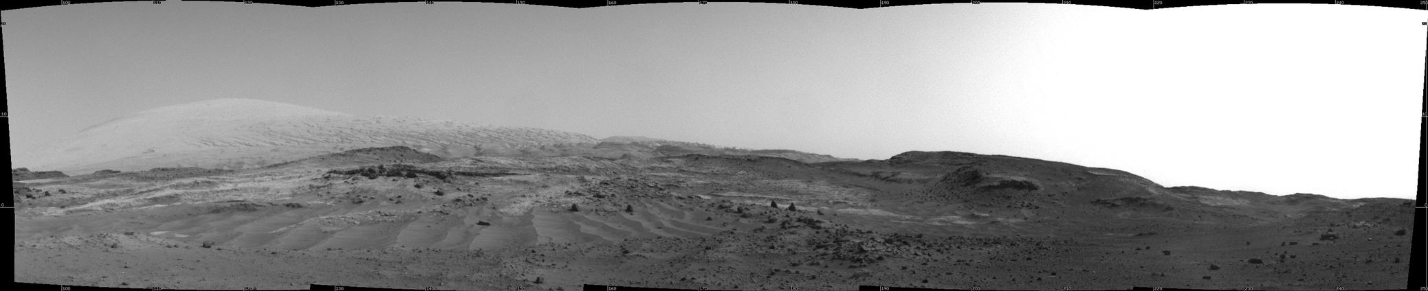 NASA's Curiosity Mars rover used its Navigation Camera to capture this view on April 11, 2015, during passage through a valley called "Artist's Drive" on the route up Mount Sharp.
