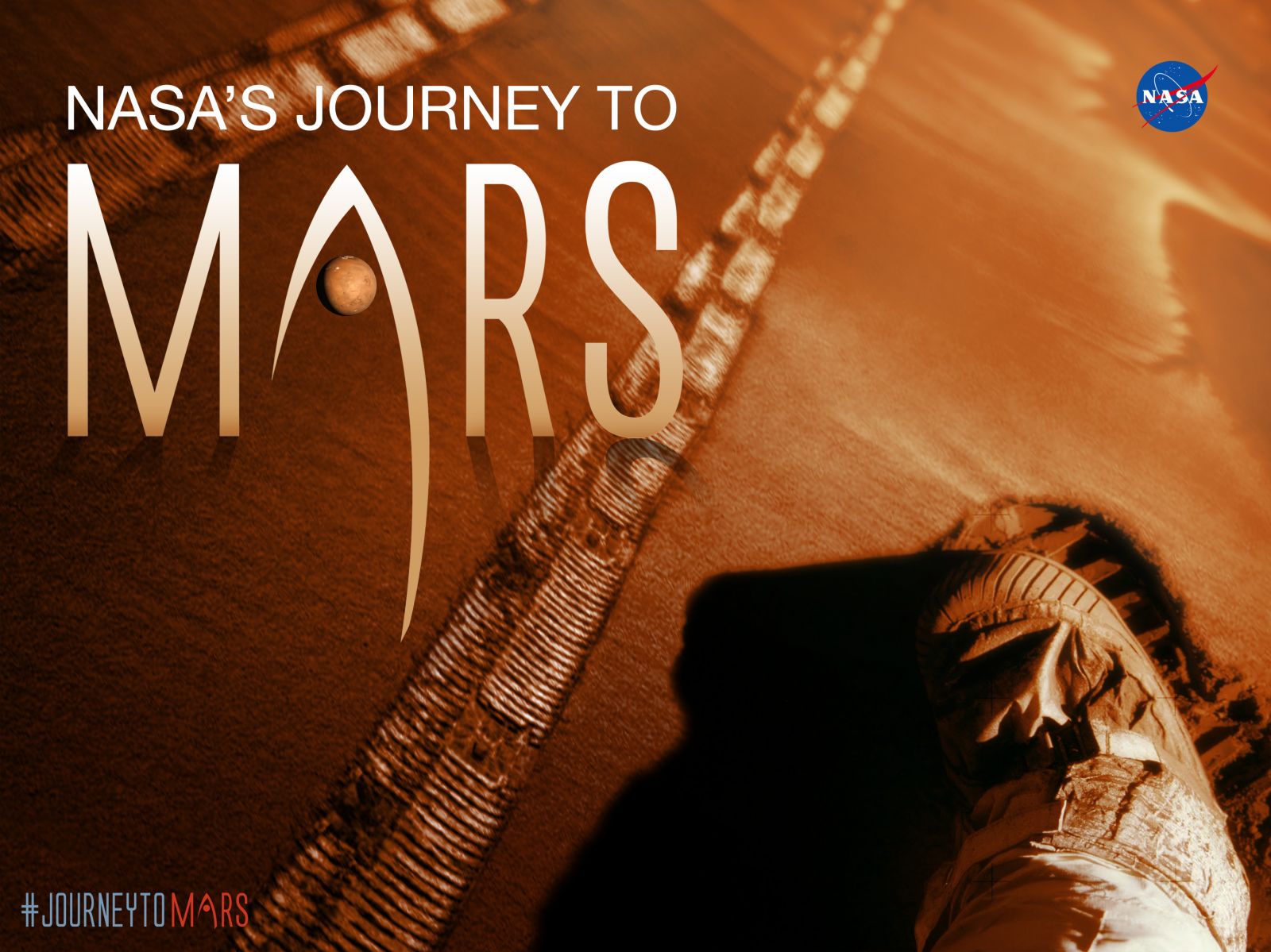 Rover tracks and an astronaut bootprint on Mars.