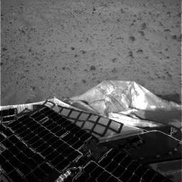 This is one of the first images beamed back to Earth shortly after the Mars Exploration Rover Spirit landed on the red planet
