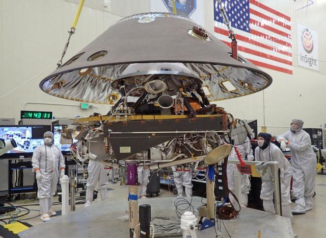 Lowering Back Shell onto Stowed InSight Lander - NASA Science