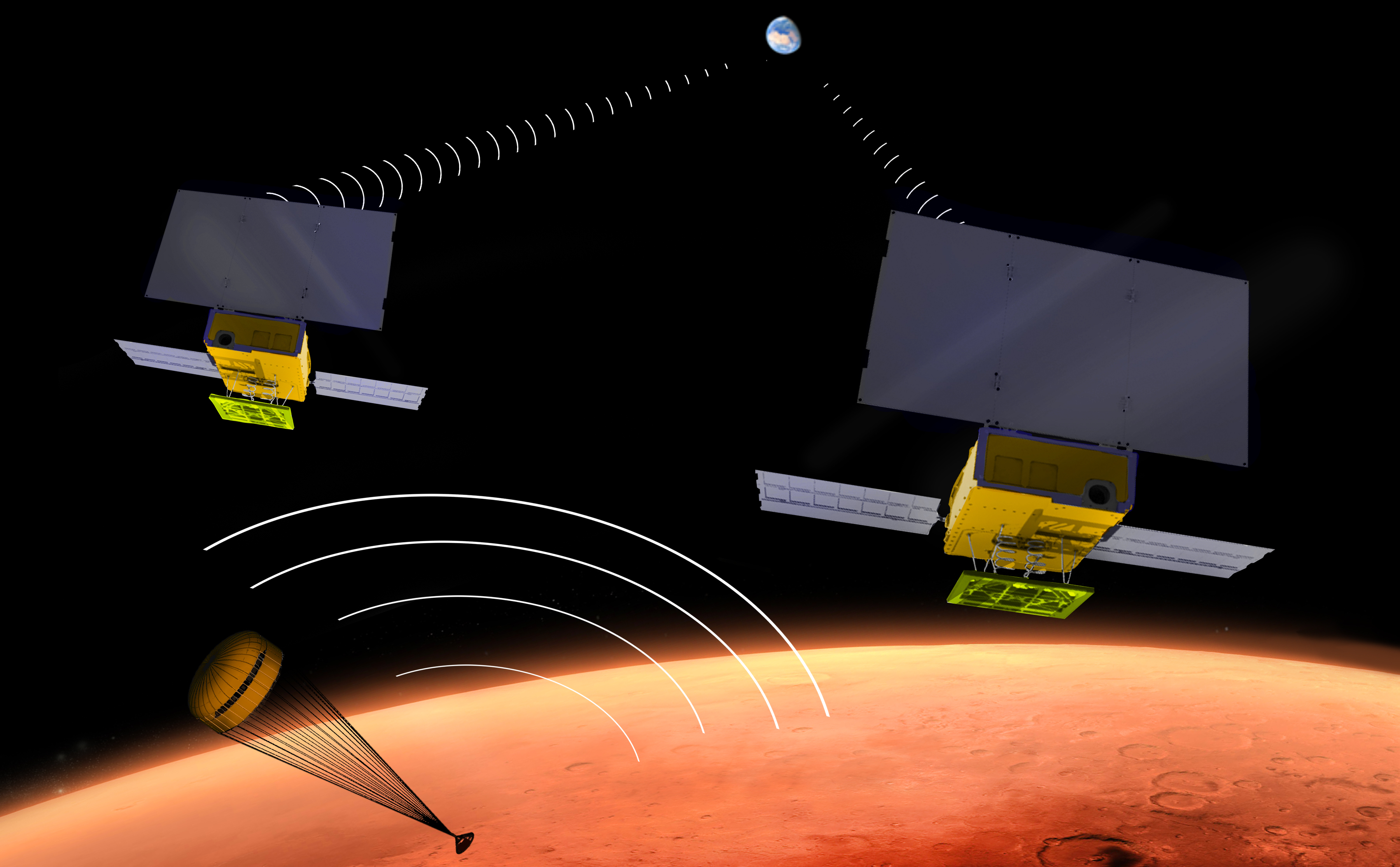 Artist's concept showing two small satellites flying over Mars as the InSight lander parachutes through the surface of Mars.