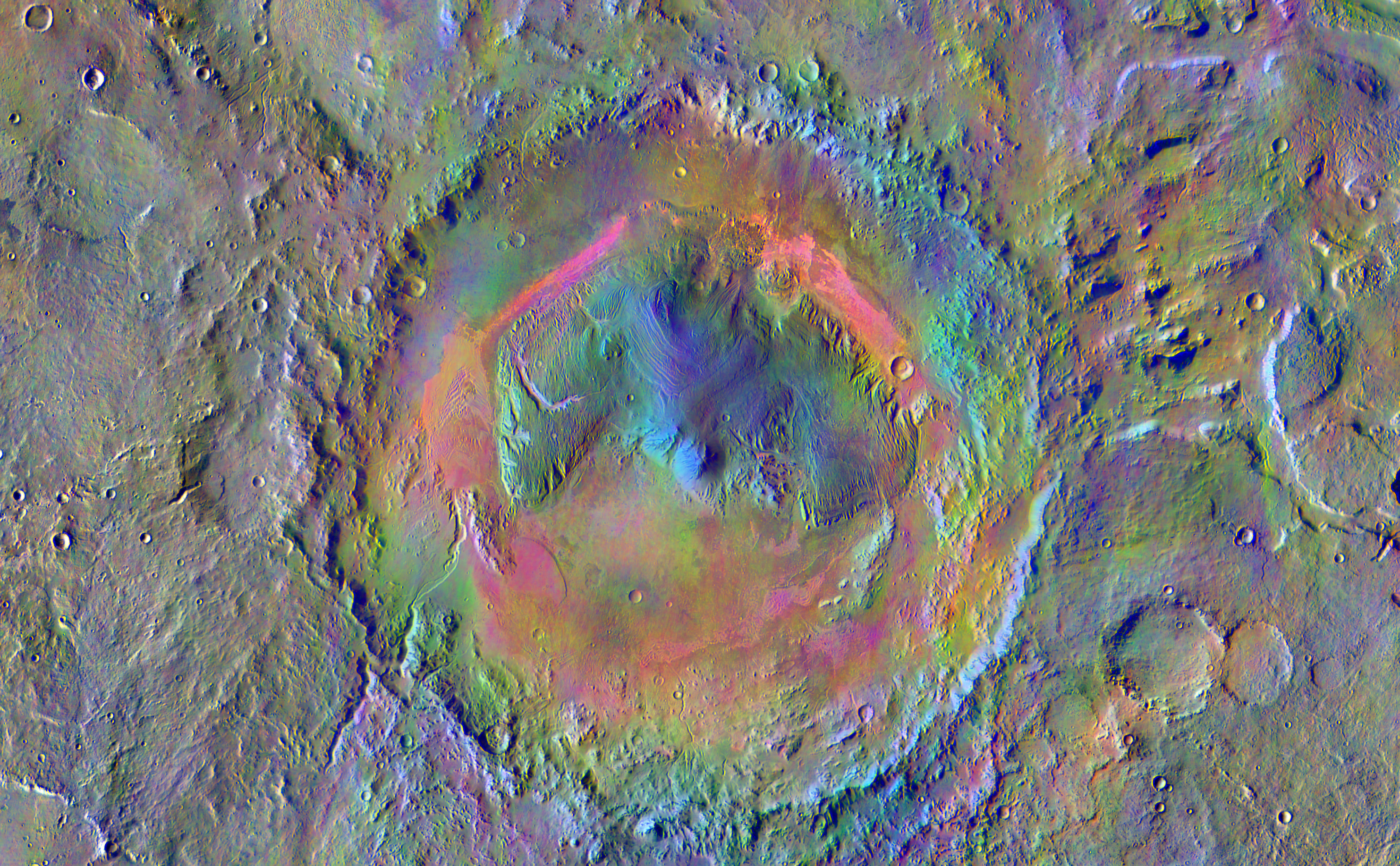 Gale Crater, home to NASA's Curiosity Mars rover, shows a new face in this image made using data from the THEMIS camera on NASA's Mars Odyssey orbiter.