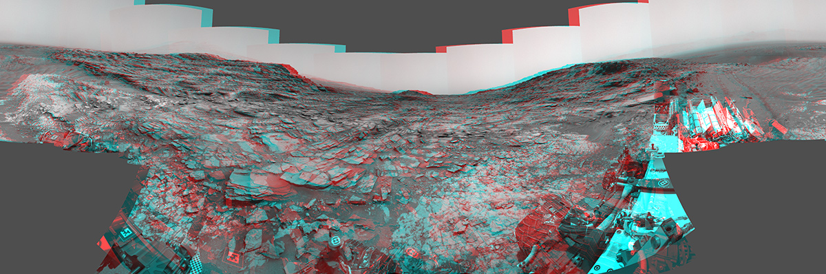 This stereo view from the Curiosity Mars rover's Navcam shows a 360-degree panorama around the site where the rover spent its 1,000th Martian day, or sol, on Mars. The image appears three-dimensional when viewed through red-blue glasses with the red lens on the left. The site is near "Marias Pass."