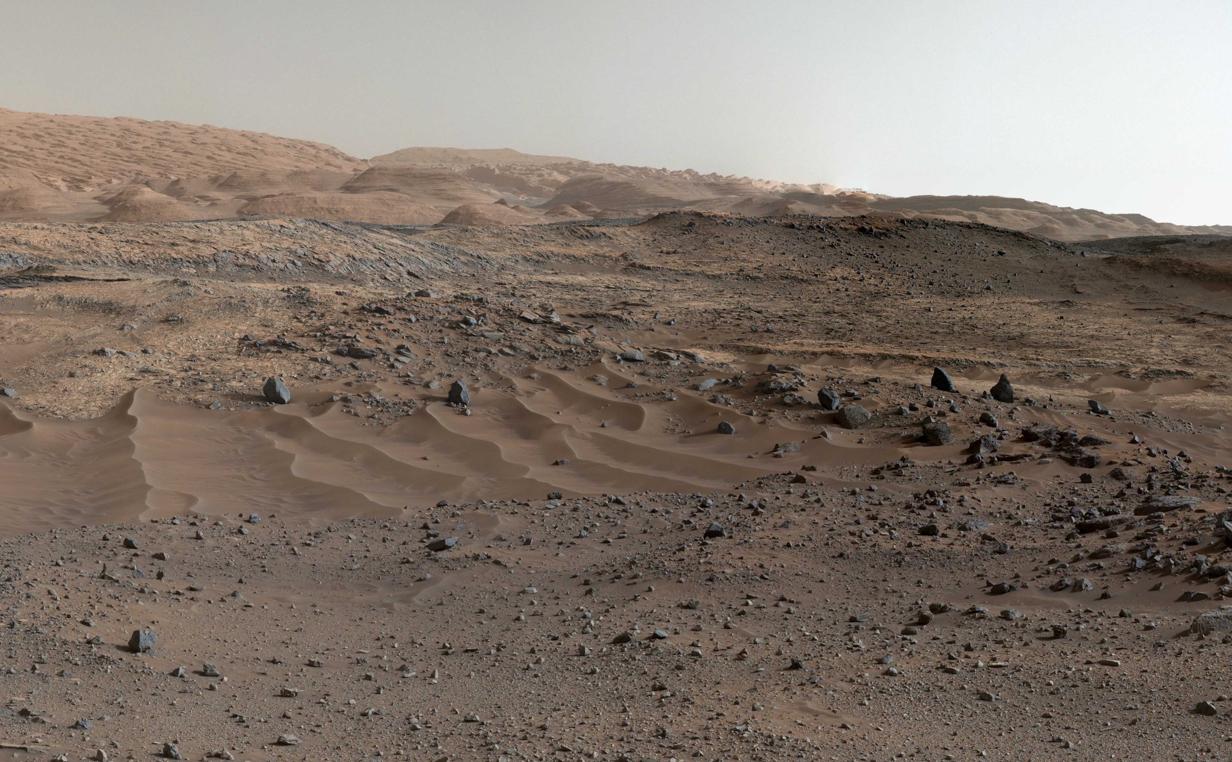A panorama combining images from both cameras of the Mastcam on NASA's Curiosity Mars Rover shows diverse geological textures on Mount Sharp. Three years after landing on Mars, the mission is investigating this layered mountain for evidence about changes in Martian environmental conditions.