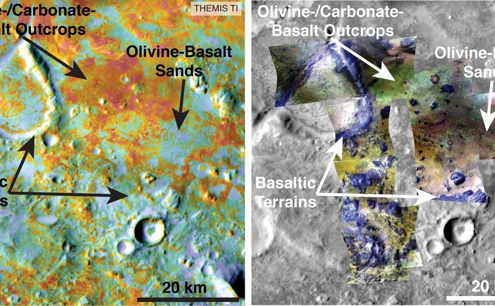 Researchers estimating the amount of carbon held in the ground at the largest known carbonate-containing deposit on Mars utilized data from five instruments on three different NASA Mars orbiters, including physical properties from THEMIS (left) and mineral information from CRISM (right).