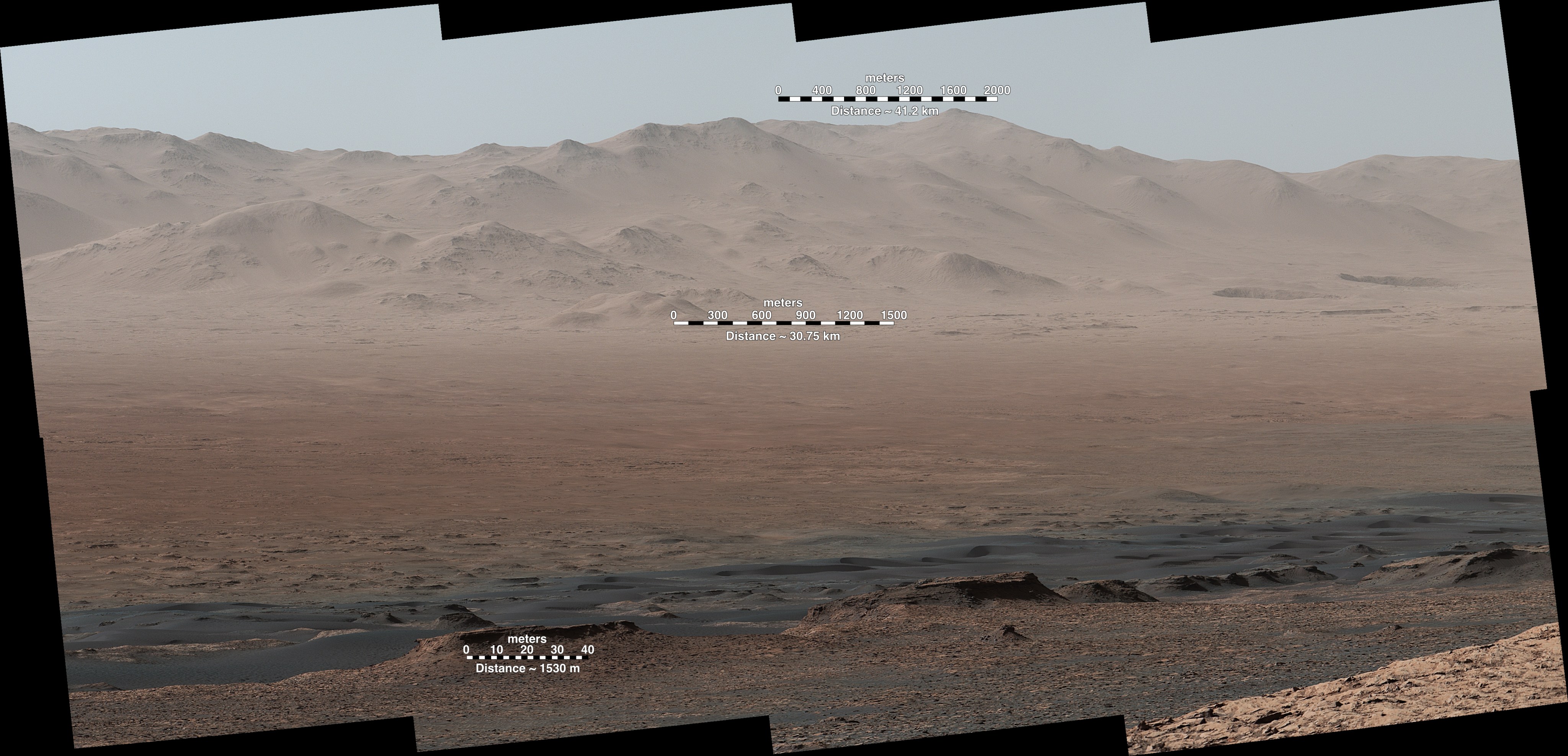 Telephoto Vista from Ridge in Mars' Gale Crater (Scale Bars)