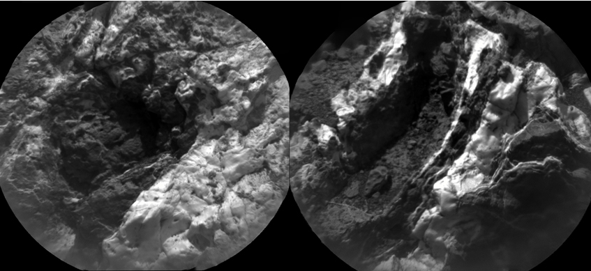 These images from the Chemistry and Camera (ChemCam) instrument on NASA's Curiosity Mars rover indicate similarly dark material, but with very different chemistries, in mineral veins at "Garden City."