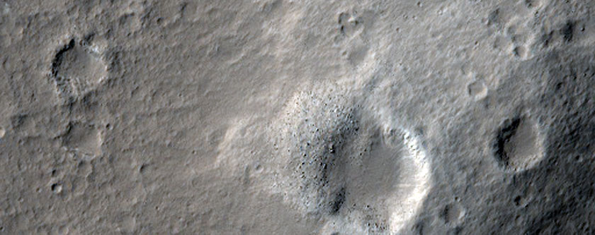 This area of Mars has a few gray craters, with white/light material surrounding it.