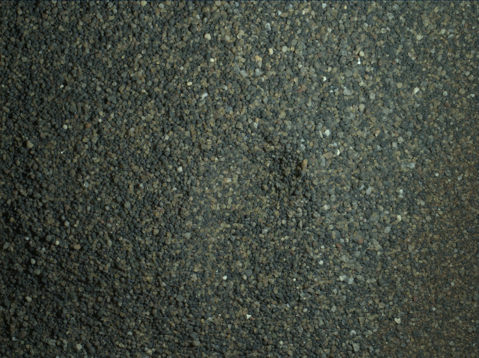 The Mars Hand Lens Imager (MAHLI) camera on the robotic arm of NASA's Curiosity Mars rover used electric lights at night on Jan. 22, 2016, to illuminate this postage-stamp-size view of Martian sand grains dumped on the ground after sorting with a sieve.