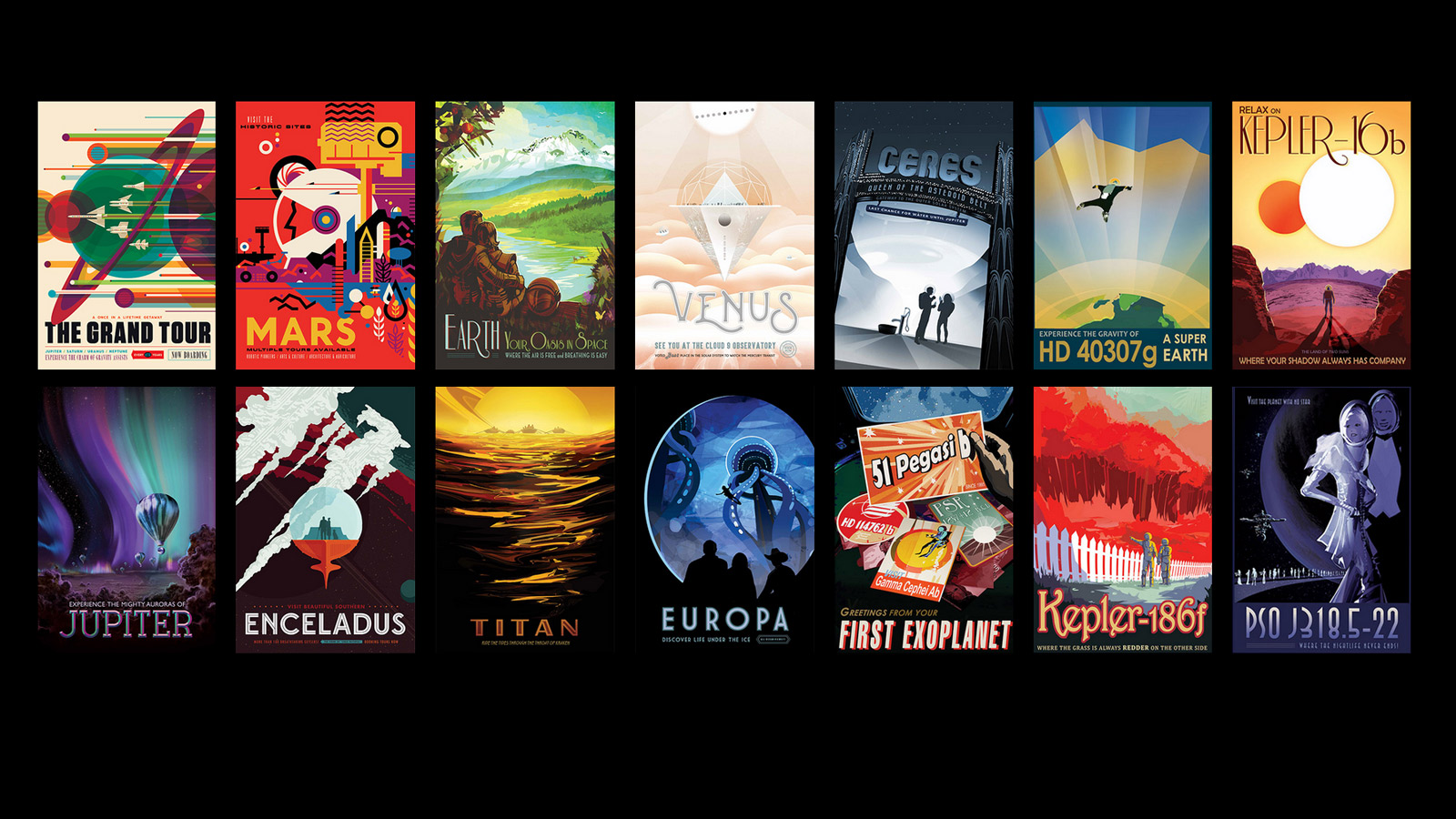 A set of "travel posters" from NASA/JPL depicts various cosmic destinations.