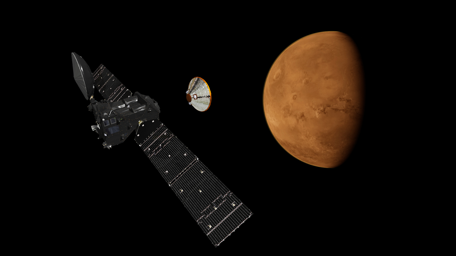Artist's impression depicting the separation of the ExoMars 2016 entry, descent and landing demonstrator module, named Schiaparelli, from the Trace Gas Orbiter, and heading for Mars.