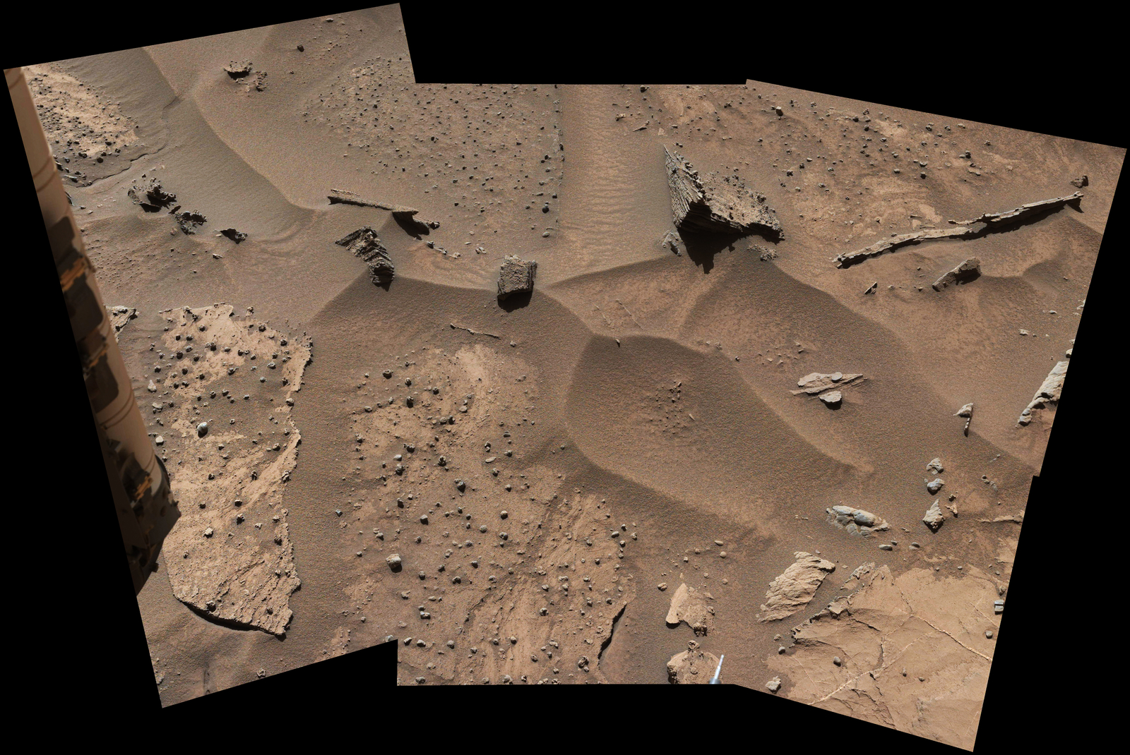 Patches of Martian sandstone visible in the lower-left and upper portions of this view from the Mast Camera (Mastcam) of NASA's Curiosity Mars rover have a knobbly texture due to nodules apparently more resistant to erosion than the host rock in which some are still embedded.