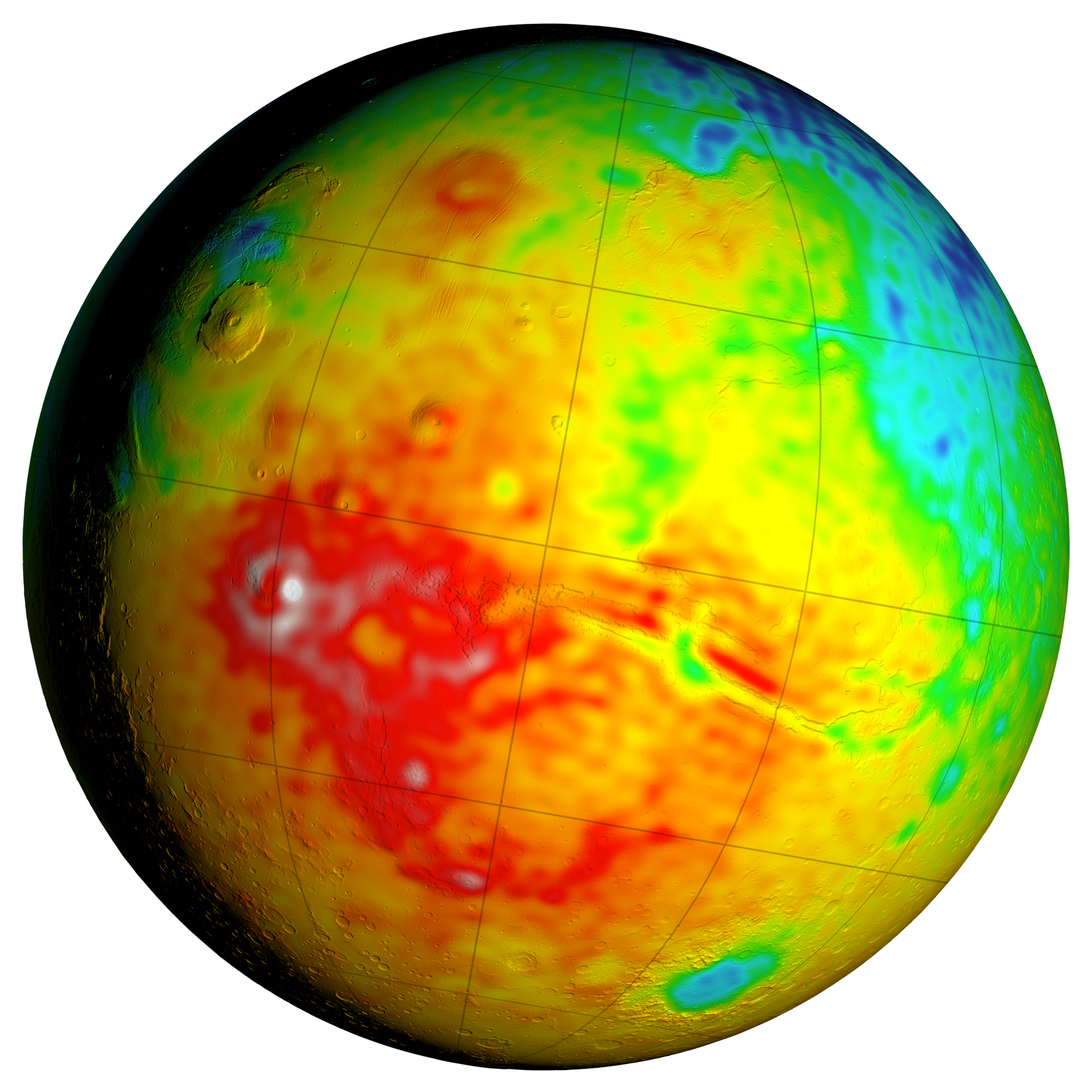 This Mars map shows variations in thickness of the planet's crust, the relatively thin surface layer overlying the mantle of the planet. It shows unprecedented detail derived from new mapping of variations in Mars' gravitational pull on orbiters.