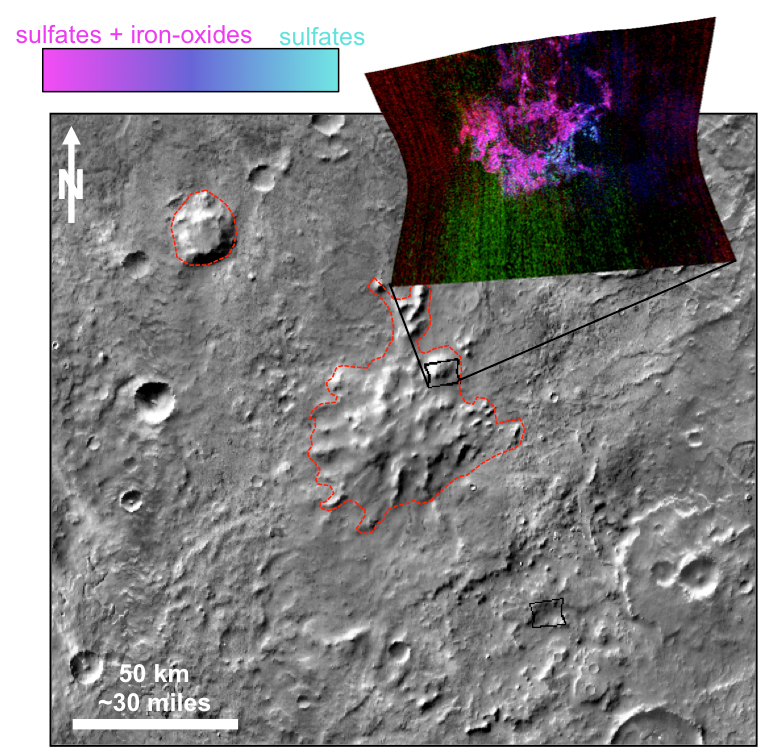 This graphic illustrates where Mars mineral-mapping from orbit has detected minerals that can indicate where a volcano erupted beneath an ice sheet.