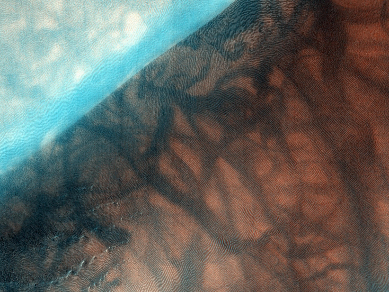 The Russell Crater dune field is covered seasonally by carbon dioxide frost, and this image shows the dune field after the frost has sublimated (evaporated directly from solid to gas).