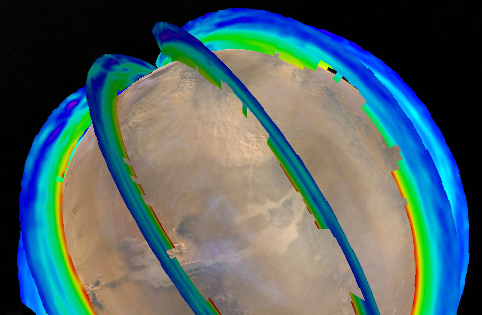 This graphic presents Martian atmospheric temperature data as curtains over an image of Mars taken during a regional dust storm. The temperature profiles extend from the surface to about 50 miles up. Temperatures are color coded, from minus 243 degrees Fahrenheit (purple) to minus 9 F (red).
