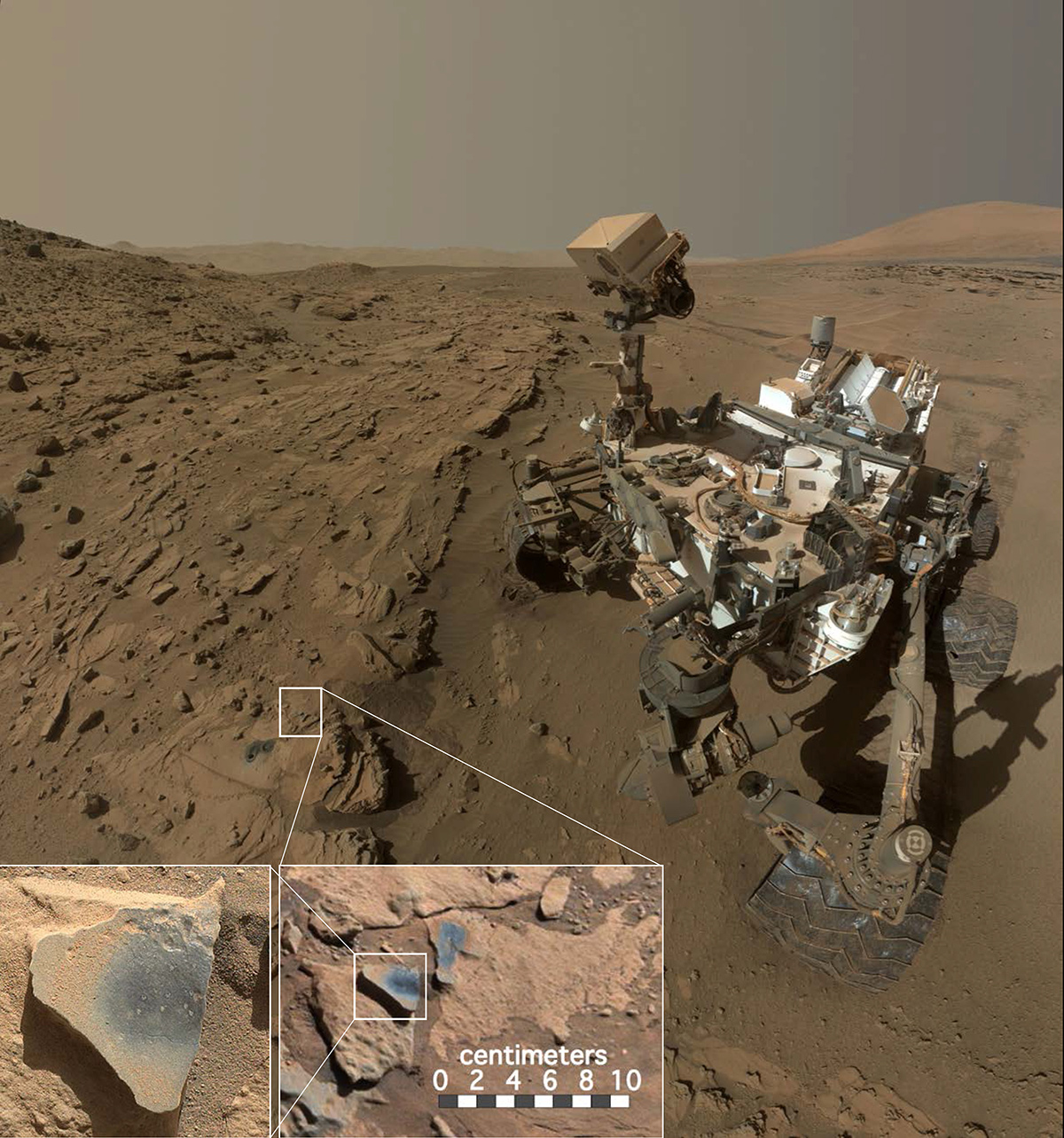 This scene shows NASA's Curiosity Mars rover at a location called "Windjana," where the rover found rocks containing manganese-oxide minerals, which require abundant water and strongly oxidizing conditions to form.