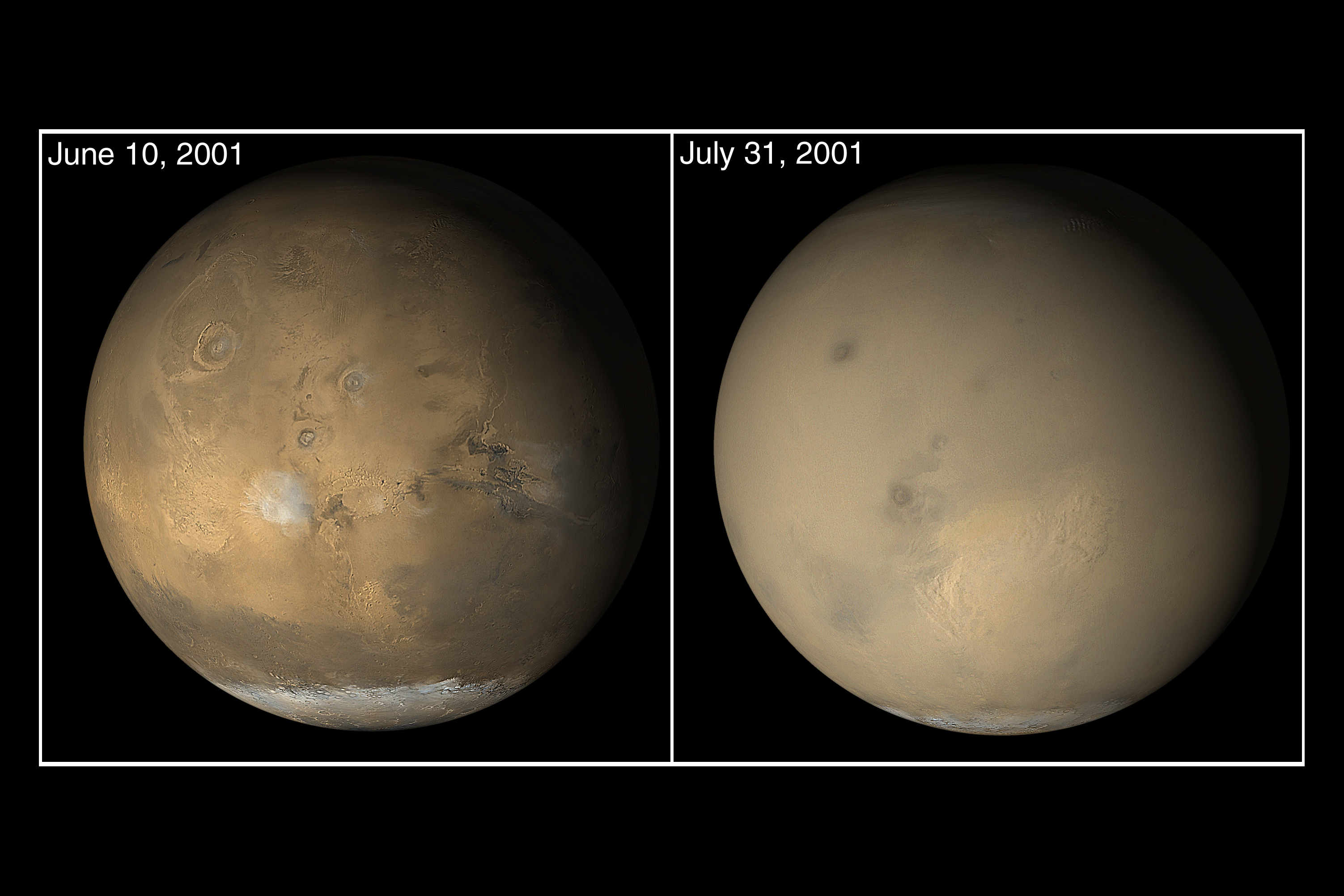 Late in June 2001, as southern winter transitioned to spring, the Mars Orbital Camera (MOC) system on Mars Global Surveyor (MGS) captured the moment that dust storms began to envelop parts of the southern hemisphere.