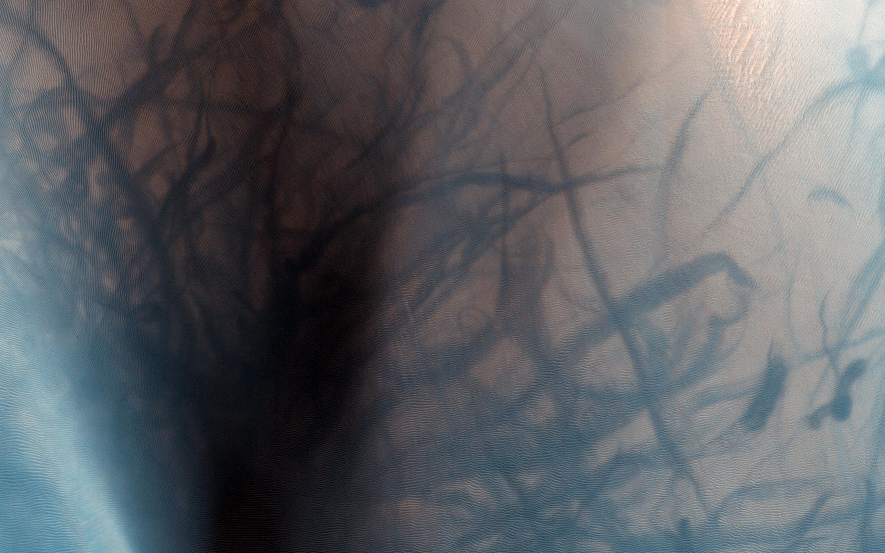This observation from NASA's Mars Reconnaissance Orbiter shows a sand dune field in the Nili Fossae region of Mars. The dark lines swirling over the surface of the dunes are the tracks of dust devils.