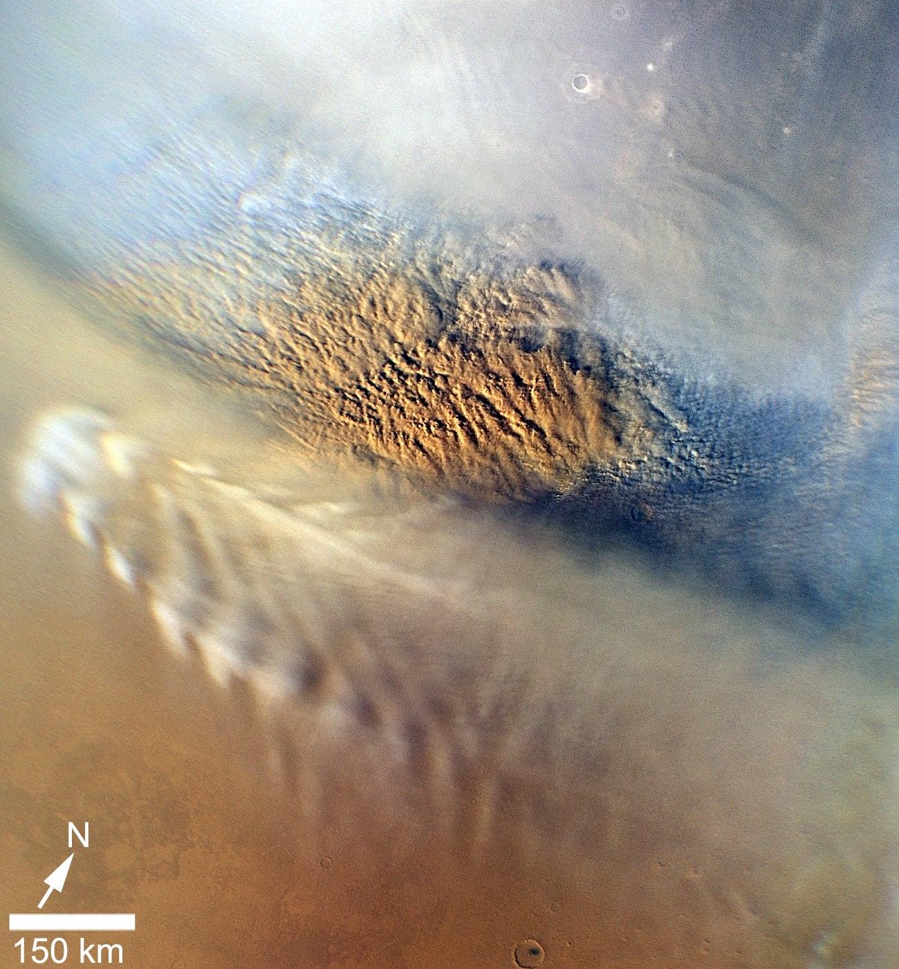 This close-up image of a dust storm on Mars was acquired by the Mars Color Imager instrument on NASA's Mars Reconnaissance Orbiter on Nov. 7, 2007