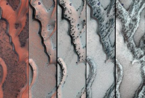 The High Resolution Imaging Science Experiment (HiRISE) camera on NASA's Mars Reconnaissance Orbiter snapped this series of false-color pictures of sand dunes in the north polar region of Mars.