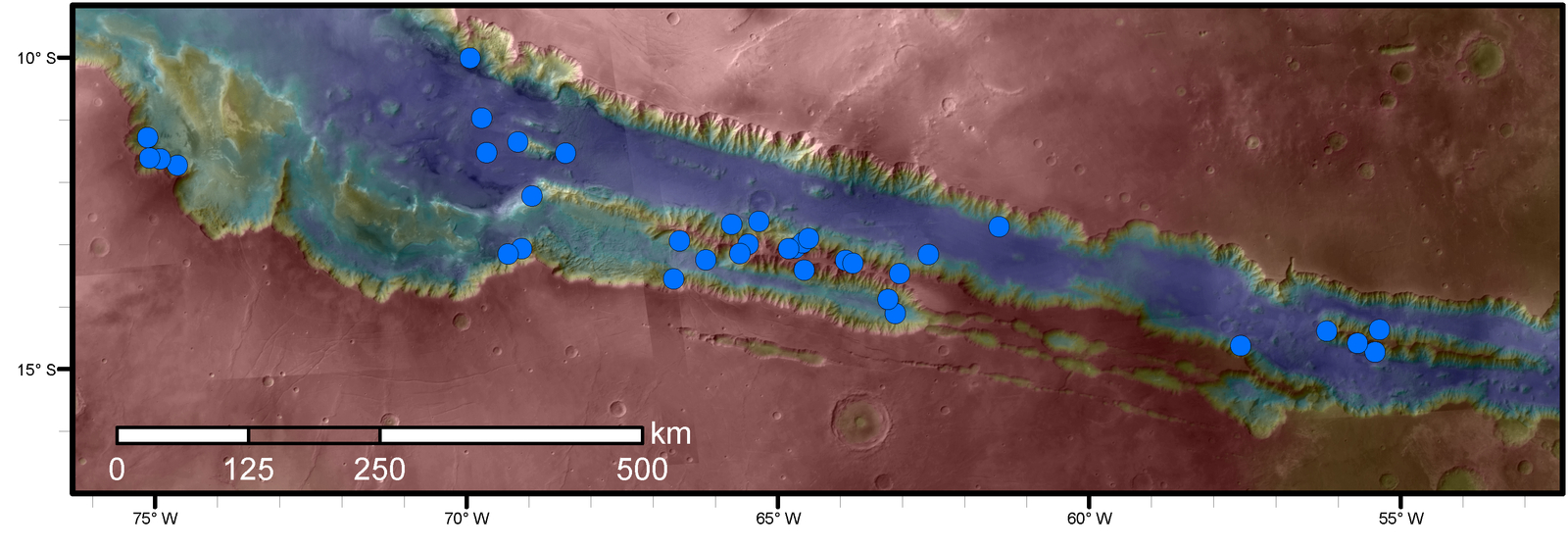Blue dots on this map indicate sites of recurring slope lineae (RSL) in part of the Valles Marineris canyon network on Mars. RSL are seasonal dark streaks that may be indicators of liquid water. The area mapped here has the highest density of known RSL on Mars.