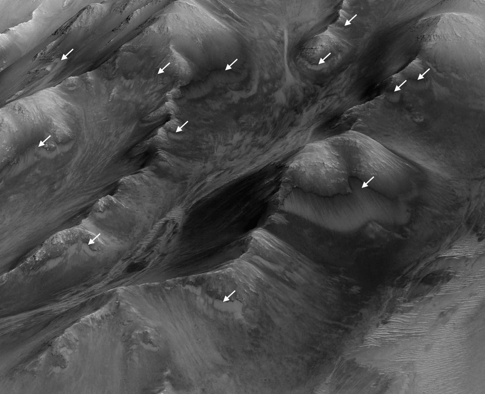 The white arrows indicate locations in this scene where numerous seasonal dark streaks, called "recurring slope lineae," have been identified in the Coprates Montes area of Mars' Valles Marineris by repeated observations from orbit.