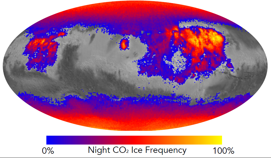 This map shows the frequency of carbon dioxide frost's presence at sunrise on Mars, as a percentage of days year-round. Carbon dioxide ice more often covers the ground at night in some mid-latitude regions than in polar regions, where it is generally absent for much of summer and fall.