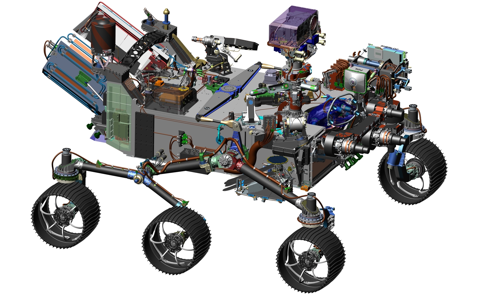 This 2016 image comes from computer-assisted-design work on NASA's 2020 Mars rover. The design leverages many successful features of NASA's Curiosity rover, which landed on Mars in 2012, but it adds new science instruments and a sampling system to carry out the new goals for the 2020 mission