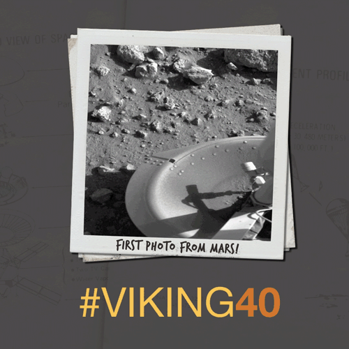 Anniversary artwork shows rotating, polaroid-style pictures of NASA Viking 1 and Viking 2 Orbiters and Landers.  Infographic Text for rotating images: Fourth Rock from the Sun, First Photo from Mars, "Site Seeing" in Chryse Planitia #viking 40