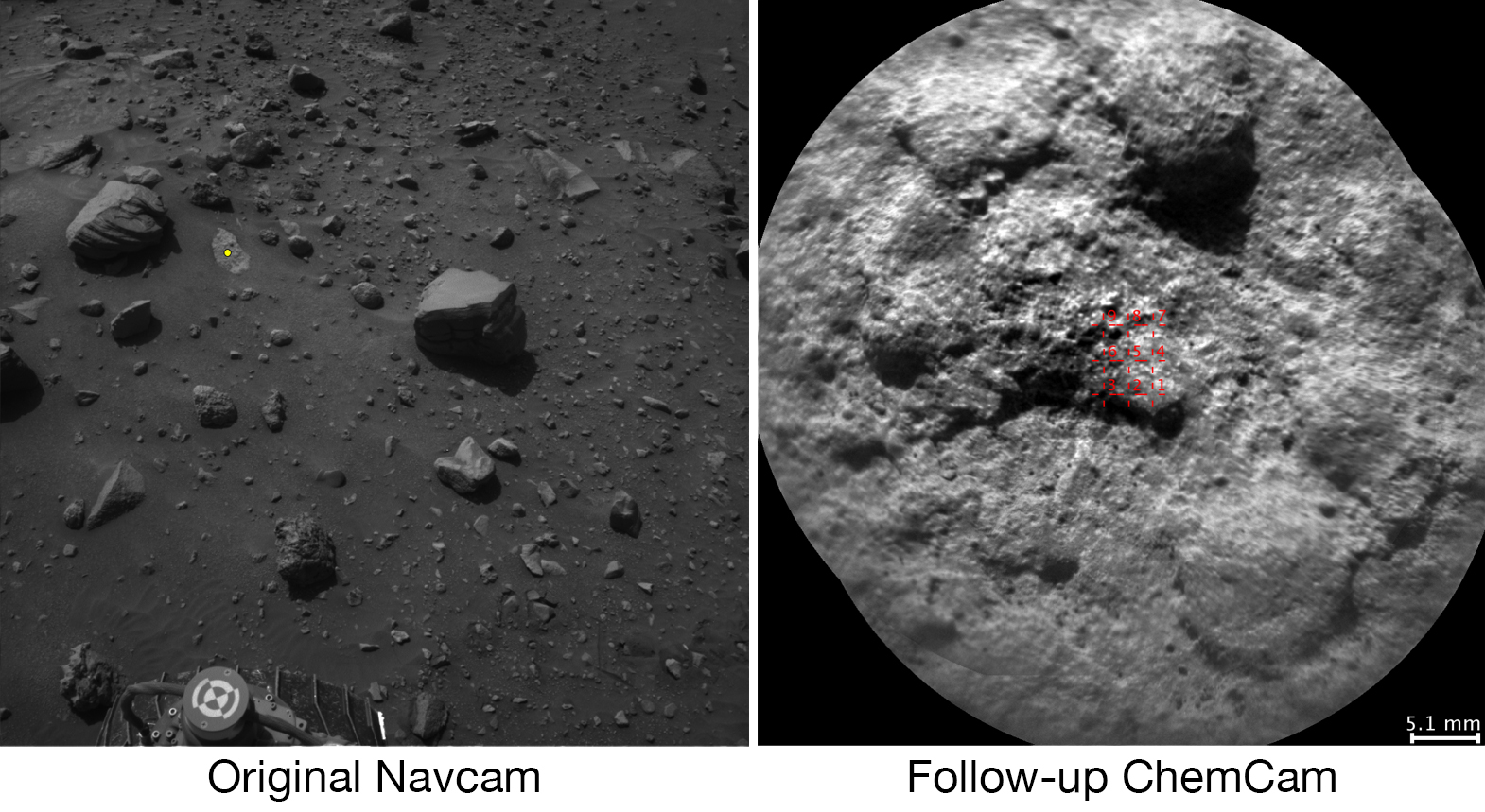 NASA's Curiosity Mars rover autonomously selects some targets for the laser and telescopic camera of its ChemCam instrument. For example, on-board software analyzed the Navcam image at left, chose the target indicated with a yellow dot, and pointed ChemCam for laser shots and the image at right.