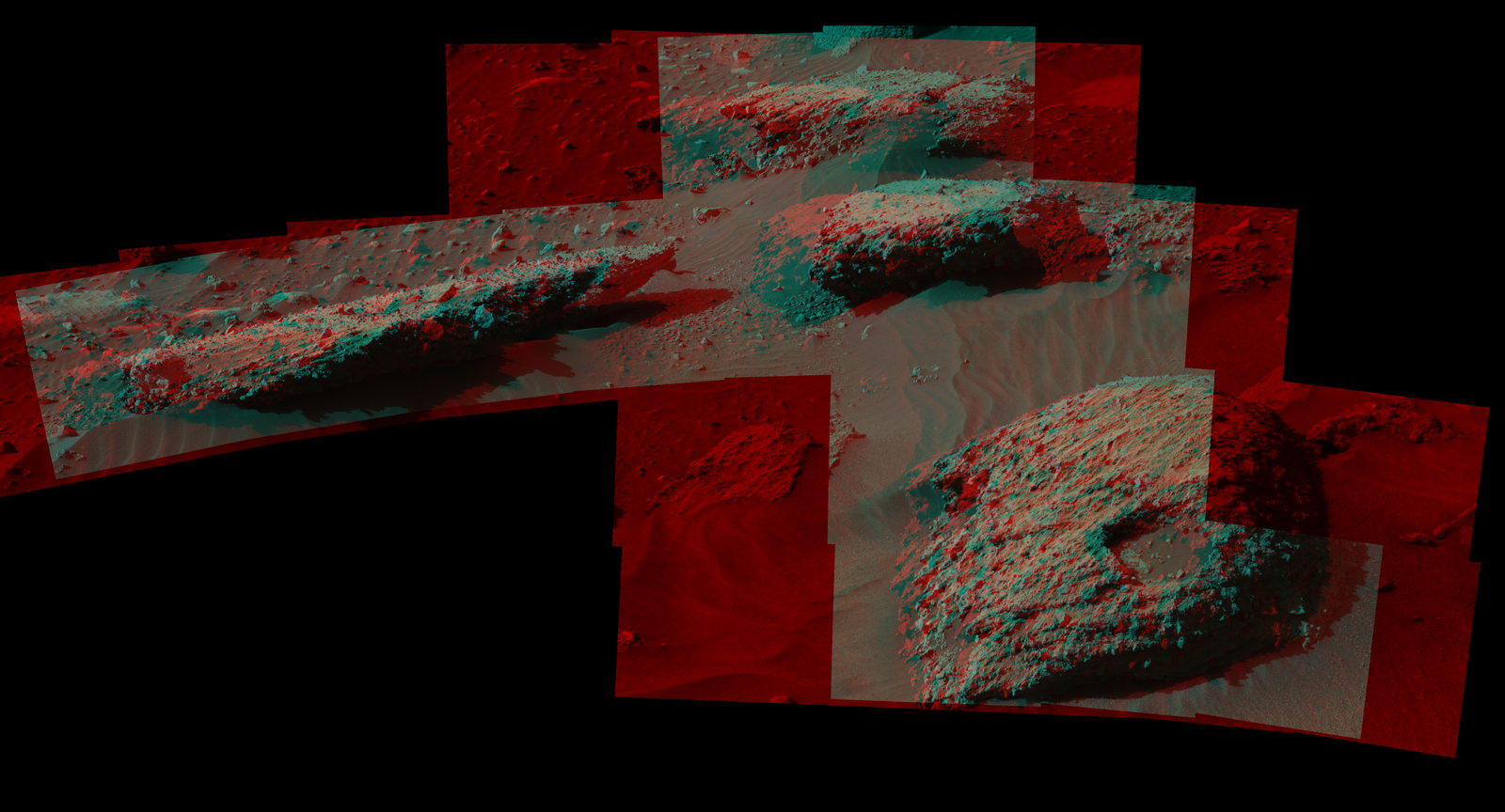 This July 22, 2016, stereo scene from the Mastcam on NASA's Curiosity Mars Rover shows boulders at a site called "Bimbe" on lower Mount Sharp. They contain pebble-size and larger rock fragments. The image appears three dimensional when viewed through red-blue glasses with the red lens on the left.