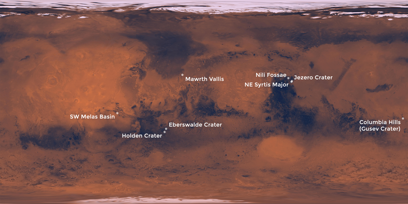 These eight places on Mars are potential landing sites under consideration as the destination for the Mars 2020 rover mission.