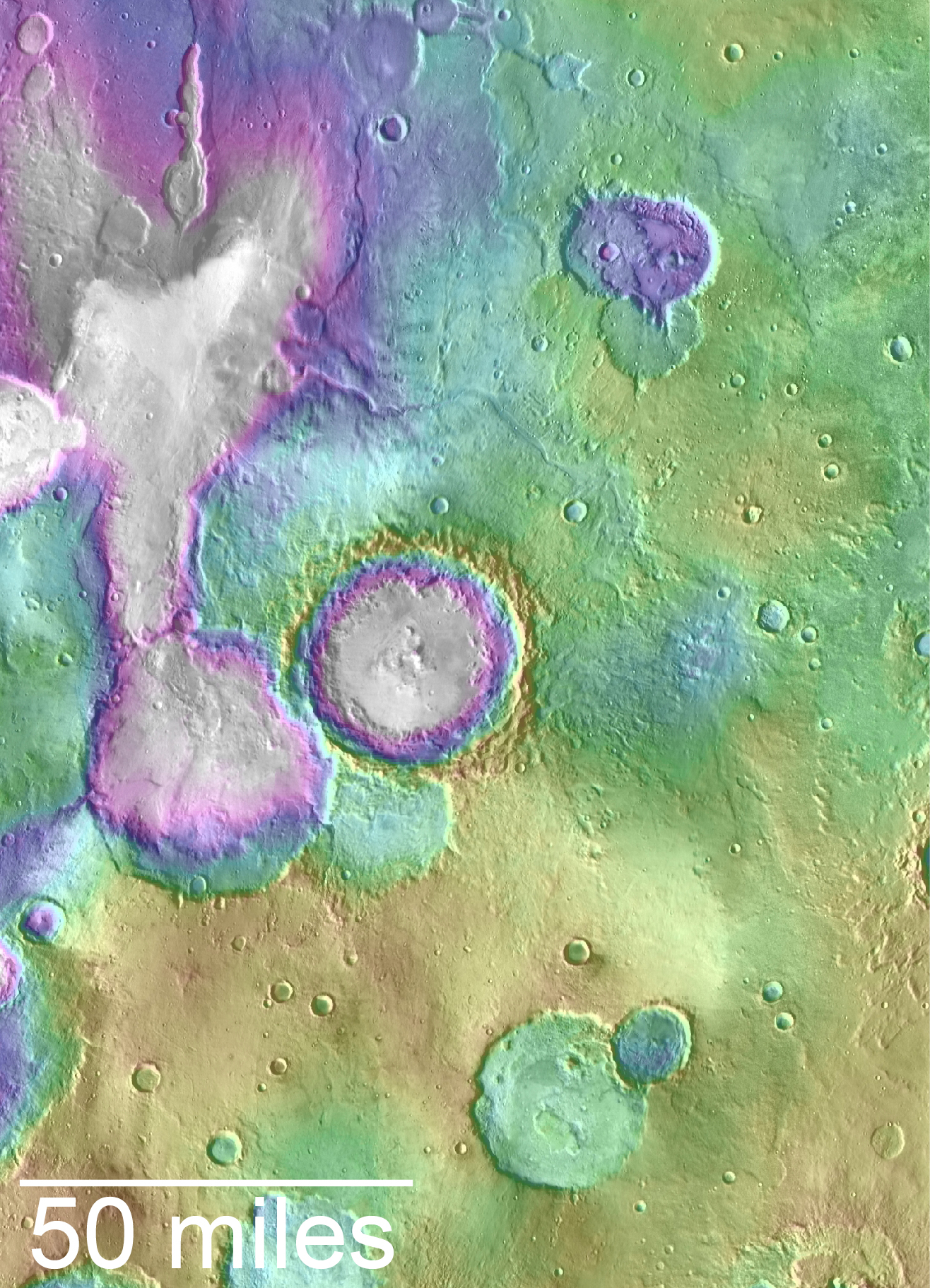 Valleys much younger than well-known ancient valley networks on Mars are evident near the informally named "Heart Lake" on Mars. This map presents color-coded topographical information overlaid onto a photo mosaic. Lower elevations are indicated with white and purple; higher elevations, yellow.