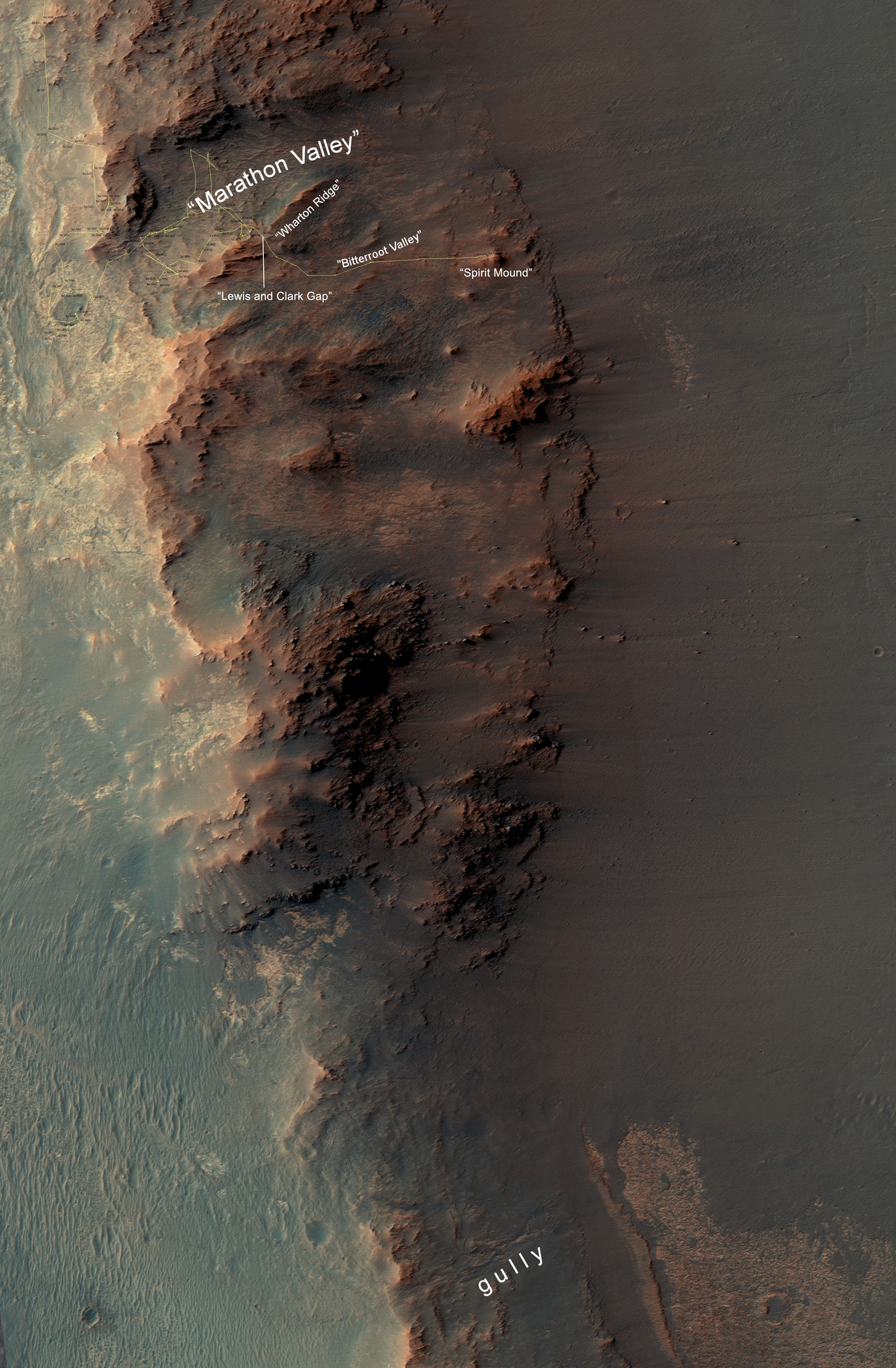 This map show a portion of Endeavour Crater's western rim that includes the "Marathon Valley" area investigated intensively by NASA's Mars Exploration Rover Opportunity in 2015 and 2016, and a fluid-carved gully that is a destination to the south for the mission.